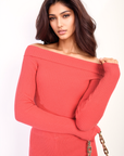 Knitted Long Sleeves Cropped Off Shoulder Top and Trousers Co-ord Set