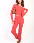 Knitted Long Sleeves Cropped Off Shoulder Top and Trousers Co-ord Set