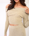 Knitted Long Sleeves Cropped Off Shoulder Top and Trousers Co-ord Set