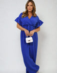 Wrap Over Tie Belt Frill Sleeve Jumpsuit