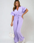Wrap Over Tie Belt Frill Sleeve Jumpsuit