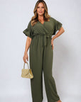 Wrap Over Tie Belt Frill Sleeve Jumpsuit