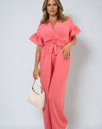 Wrap Over Tie Belt Frill Sleeve Jumpsuit