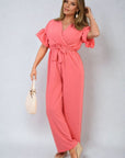 Wrap Over Tie Belt Frill Sleeve Jumpsuit