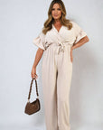 Wrap Over Tie Belt Frill Sleeve Jumpsuit