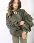 Oversized Ruched Sleeves Knitted Hoodie with Ribbon Detail