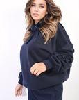 Oversized Ruched Sleeves Knitted Hoodie with Ribbon Detail