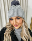 Pom Pom Knitted Winter Hat With Pearl Decor