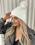 Pom Pom Knitted Winter Hat With Pearl Decor