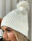 Pom Pom Knitted Winter Hat With Pearl Decor