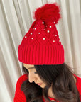 Pom Pom Knitted Winter Hat With Pearl Decor