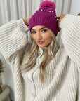 Pom Pom Knitted Winter Hat With Pearl Decor