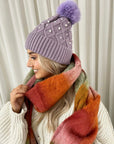 Pom Pom Knitted Winter Hat With Pearl Decor