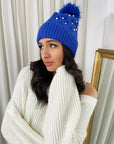 Pom Pom Knitted Winter Hat With Pearl Decor