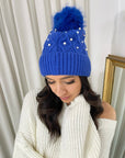 Pom Pom Knitted Winter Hat With Pearl Decor