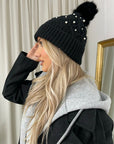 Pom Pom Knitted Winter Hat With Pearl Decor