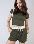 Contrast Rib Knit Crop Top and Drawstring Waist Short Set