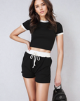 Contrast Rib Knit Crop Top and Drawstring Waist Short Set
