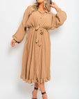 Pleated Frill Button Tie Waist Midi Dress - Toi โnโ Moi Ltd