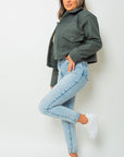 Cropped Long Sleeve Collared Jacket with Pockets