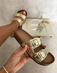 Metallic Buckle Slide Sandals