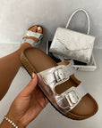 Metallic Buckle Slide Sandals