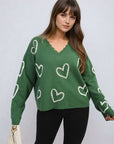 V-neck Embellished Hearts Long Sleeve Knitted Jumper