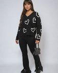 V-neck Embellished Hearts Long Sleeve Knitted Jumper