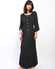 Ruffle Hem Sleeve Shirred Waist Tiered Maxi Dress