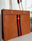 Faux Leather Chain Shoulder Bag with Stripe Detail