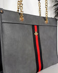 Faux Leather Chain Shoulder Bag with Stripe Detail
