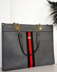 Faux Leather Chain Shoulder Bag with Stripe Detail