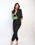 Collar Button-Front Jogger Drawstring Jumpsuit