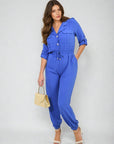 Collar Button-Front Jogger Drawstring Jumpsuit