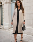 Knitted Contrast Trim Long Sleeve Midi Dress