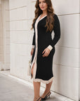 Knitted Contrast Trim Long Sleeve Midi Dress