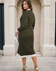Knitted Contrast Trim Long Sleeve Midi Dress