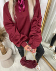 Oversized Ruched Sleeves Knitted Hoodie with Ribbon Detail