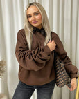 Oversized Ruched Sleeves Knitted Hoodie with Ribbon Detail