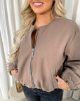 Cropped Zip Up Balloon Sleeve Bomber Jacket