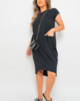 Front Pockets Short Sleeve Midi Dress