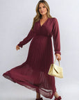 Long Sleeve V-Neck Pleated Maxi Dress