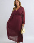 Long Sleeve V-Neck Pleated Maxi Dress
