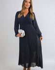 Long Sleeve V-Neck Pleated Maxi Dress