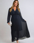 Long Sleeve V-Neck Pleated Maxi Dress