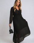 Long Sleeve V-Neck Pleated Maxi Dress