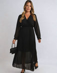 Long Sleeve V-Neck Pleated Maxi Dress
