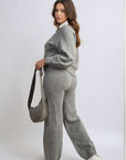 Long Sleeve Knitted Collar Top and Wide Leg Pants Co-ord Set