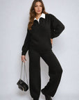 Long Sleeve Knitted Collar Top and Wide Leg Pants Co-ord Set