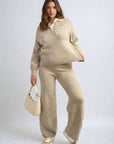 Long Sleeve Knitted Collar Top and Wide Leg Pants Co-ord Set